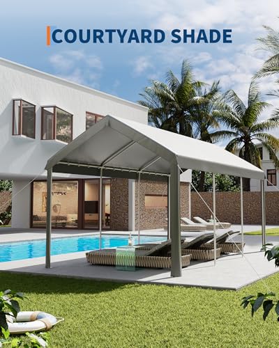 10x20 ft Carport Car Port Canopy with PE Fabric and Galvanized Steel Frame,Outdoor Shelter Waterproof & UV Protected with Windproof Ropes,Ideal for All-Season Tarp for Car, Truck,Grey. ElfinAura