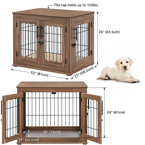 beeNbkks Furniture Style Dog Crate End Table, Double Doors Wooden Wire Dog Kennel with Pet Bed, Decorative Pet Crate Dog House Indoor Medium Large beeNbkks