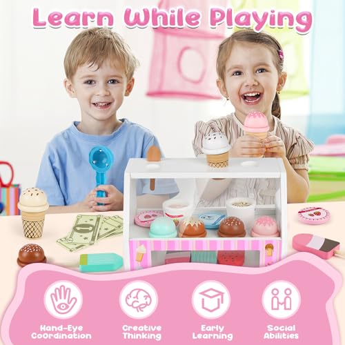 Dreamon Ice Cream Counter Playset for Kids, 38 PCS Wooden Ice Cream Set Shop for Toddlers 3-5, Toddler Pretend Play Toy, Christmas Birthday Gift for Boys and Girls Dreamon