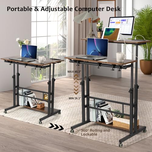 Hadulcet Mobile Standing Desk Adjustable Height, Rolling Desk Stand Up Desk, Mobile Laptop Desk, Rolling Computer Desk with Charging Station, Portable Desk with Wheels, Rustic Brown Hadulcet