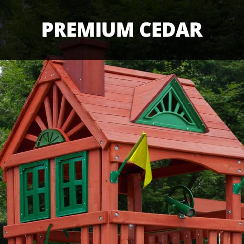 Gorilla Playsets 01-0021 Nantucket II Wood Swing Set with Wood Roof, Two Swings, Slide, Sandbox Area, Rock Wall, Redwood Color Gorilla Playsets