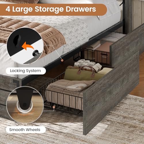 VIAGDO Wooden Bed Frame King Size with Bookcase Headboard and Sliding Barn Door, Farmhouse King Bed Frame with Charging Station, LED Lights and 4 Storage Drawers, No Box Spring Needed, Grey VIAGDO