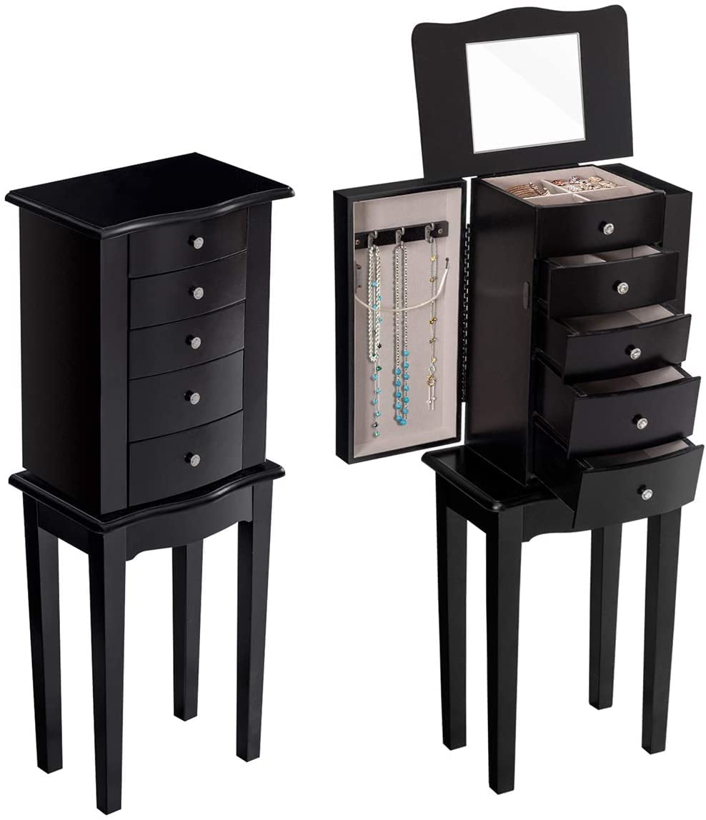 Giantex Jewelry Chest Armoire Cabinet Standing with Mirror, Wood Large Ring Necklace Storage Box Top Flip Makeup Mirror Classic 33" Tall Bedroom Armoires for Jewellery Cabinets Organizer w/ 5 Drawers Giantex