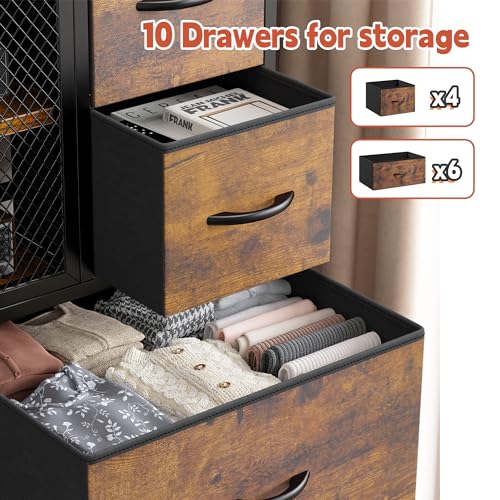 EnHomee Dresser for Bedroom with Mesh Door Tall Dressers & Chests of Drawers with 10 Fabric Drawer Morden Dresser Organizer,Metal Frame,Wood Top,for Closet,Entryway,Rustic Brown 38" Wx11.81 Dx48.1 H EnHomee