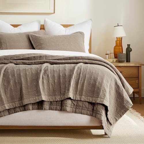 EVERGRACEHOME Stonewashed Cotton Quilt Set Full Queen Size, Ultra Soft Oversized Bedspread Coverlet Set, Lightweight Crinkle Box Stitch Bedding Sets for All Season, with 2 Shams, Mocha Brown EVERGRACEHOME