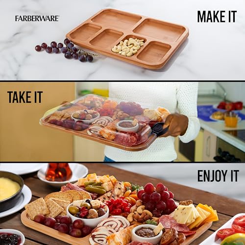 FARBERWARE Build-a-Board Cutting Board with Compartments and Clear Locking Lid for Charcuterie, Snacks, and More-Make it. Take it. Enjoy it, 11x14 Inch, Bamboo Farberware