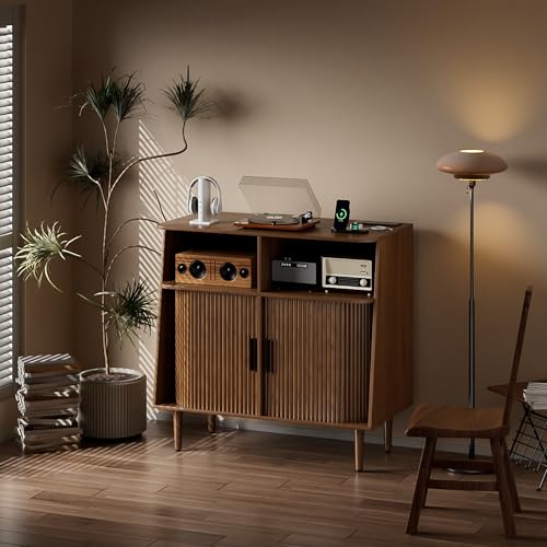 Record Player Stand with Vinyl Storage, Mid Century Modern Vinyl Storage Cabinet with Power Outlet and Sliding Doors, Turntable Stand Table Holds Up to 350 Albums for Living Room (walnut, 31.5"W) tauxkoi