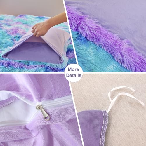 SUCSES Blue Purple Fluffy Twin Bedding Sets for Girls 3Pcs Faux Fur Plush Shaggy Kids Duvet Cover Set Twin Size Tie Dye Velvet Furry Comforter Cover Set SUCSES