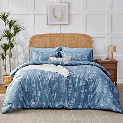 Kozyhvn Floral Comforter Set Full Blue, Cute Flower Bed in a Bag Full Boho 7 Pieces, Soft Fluffy Bedding Sets with Comforter, Sheets, Pillowcases & Shams, All Season