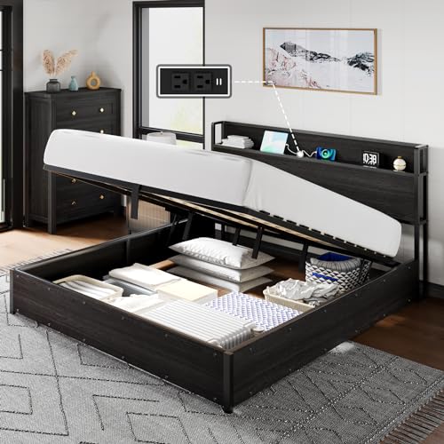 AMERLIFE King Size Lift Up Storage Bed Frame, Wooden Platform Bed Frame with Lifting Storage & Charging Station, No Spring Box Needed/Noise Free, Black AMERLIFE