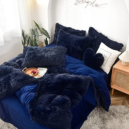 MorroMorn 5 PCS Shaggy Duvet Cover Bedding Set - Long Faux Fur Luxury Ultra Soft (Navy, Full/Queen) MorroMorn