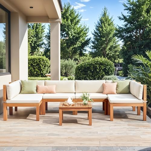 Devoko Outdoor Sectional Couch 7 Pieces Patio Sectional Sofa with Acacia Wood Coffee Table, Outdoor L-Shaped Couch with All-Weather Cushion for Patio,Deck,Backyard(White) Devoko
