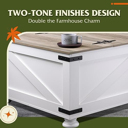 WLIVE Farmhouse Coffee Table,Square Wood Coffee Table with Storage,Center Table for Living Room,Home Office,White WLIVE