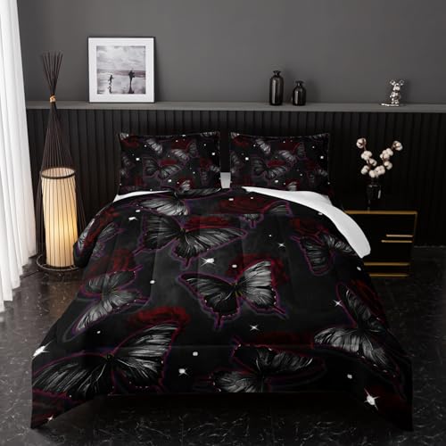 Black Butterfly Comforter Sets Twin Size, Black Butterfly Flowers 3D Animal Pattern Kids Bedding Sets for Girls Teens 3 Piece Bedroom Decor Comforter with 2 Pillowcases Nttopship