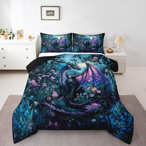 Feelyou Dragon Comforter Set Twin Size Comforter for Boys Girls Teens Wild Life Bedding Set Jungle Dragon Duvet Set Room Decor Balck Blue Quilt Set Feelyou