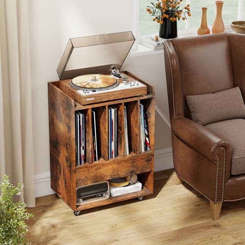 Giantex Record Player Stand, Rolling Turntable Stand with Drawer & Lockable Wheels, Record Player Table Holds Up to 150 Albums, Vinyl Record Storage for Living Room Bedroom, Rustic Brown Giantex