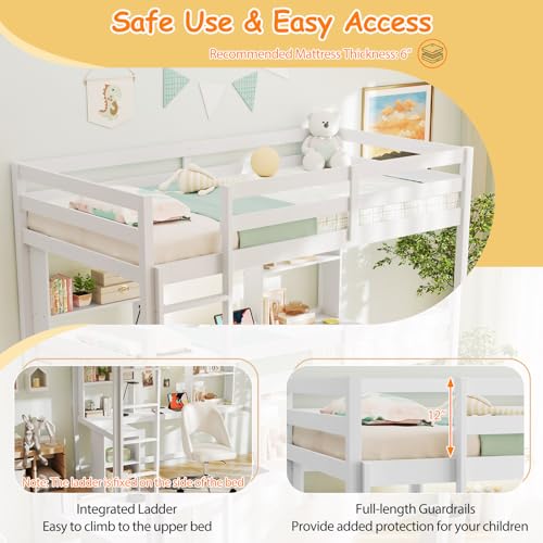 Giantex Twin Loft Bed with Desk & Hutch, Wooden Loft Bed w/LED Light & Charging Station, Safety Guardrails & Ladder, Twin Bed Frame w/Storage Shelves for Dorm, Apartment, No Box Spring Needed, White Giantex