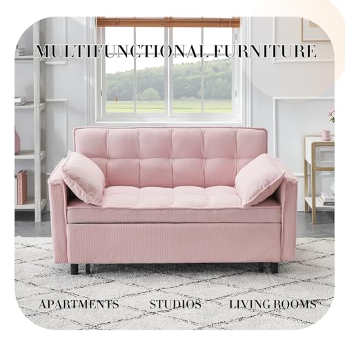 3 in 1 Corduroy Convertible Sofa Bed, Pull Out Couch Bed with Reclining Backrest and 2 Pillows, 54" Full Size Loveseat Sleeper Sofa Futon Couch Beds, Couches for Small Spaces, Living Room (Pink) Majnesvon