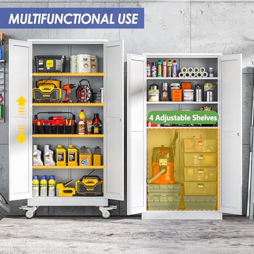 AUEYTVR 71" Tall Metal Garage Storage Cabinet with Wheels and Locking Doors and Tall Rolling Steel Tool Cabinet with 4 Adjustable Shelves for Garage,Home,Office,Shop (White) AUEYTVR