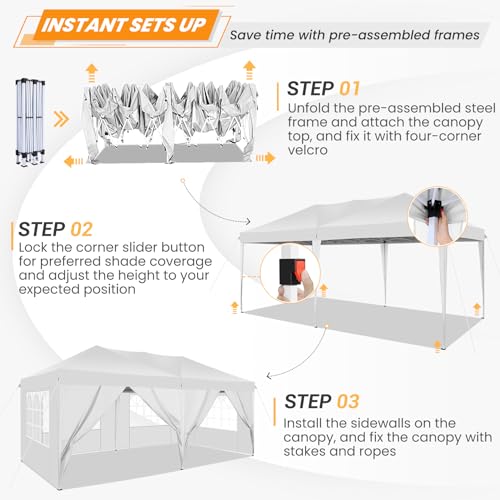 COBIZI 10x20 Pop Up Canopy Tent with 6 Sidewalls for Parties, Waterproof Camping, Ez Up Party Tent, Outdoor Portable Gazebo for Backyard, Commercial Event, White COBIZI