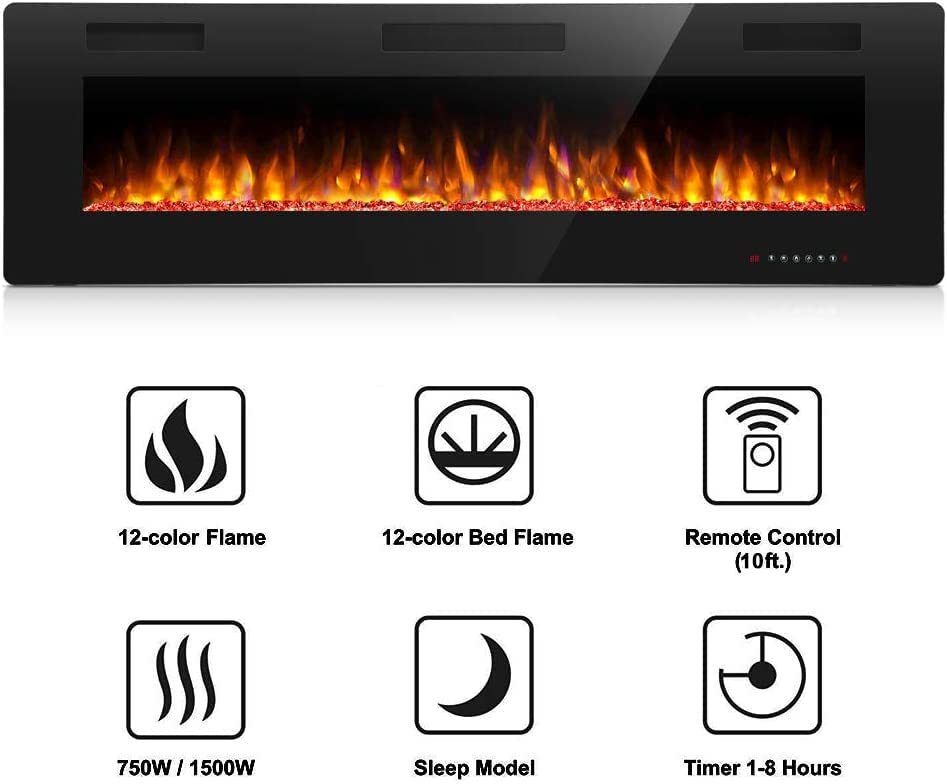 Antarctic Star 68 Inch Electric Fireplace in-Wall Recessed and Wall Mounted, Fireplace Heater and Linear Fireplace with Multicolor Flame, Timer, 750/1500W Control by Touch Panel & Remote… Antarctic Star