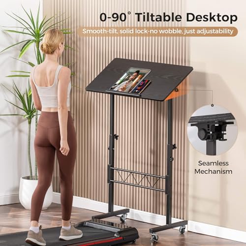 COMHOMA Small Standing Desk Adjustable Height & Tiltable Tabletop, Mobile Stand Up Desk for Laptop, Portable Computer Table for Home Office Work and Walking Pad Treadmill, Height 30.7"-46.4", Black COMHOMA
