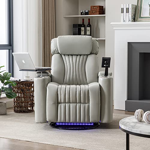 QKFF Power Swivel Glider Recliner for Nursery, Home Theater Seating with Hidden Arm Storage LED Light Strip Cup Holder Tray Table Cell Phone Holder for Living Room