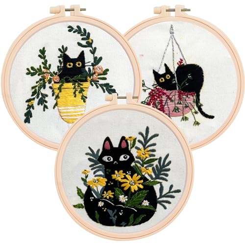 The ZenStore Embroidery Kit for Beginners – Black Cats & Kittens 3 Pattern Set – Complete DIY Needlepoint Kit with Hoops, Thread, Fabric, and Tools – Cute Animal Cat Embroidery Gift