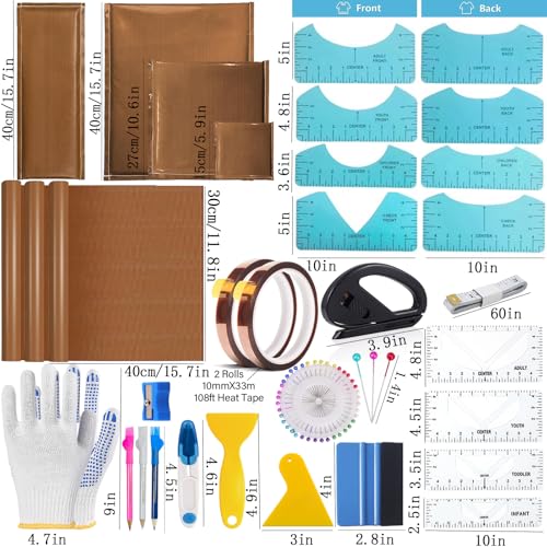 QUKLOGEN Heat Press Pillow Bundle Tools Kit Include 4 Heat Pressing Transfer Pillow Mat 3 Pack Teflon Sheet for Heat Press 2 Rolls Heat Resistant Tape 12 Different Size T Shirt Guide Ruler QUKLOGEN