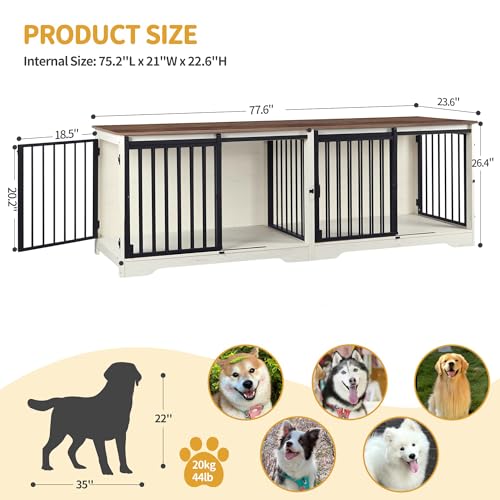 Hzuaneri 78" Dog Crate Furniture for 2 Dogs, Double Dog Cage with Divider, Wooden Heavy Duty Dogs Kennel, Pet Cage with Barn Door, TV Stand for Large Small Medium Dogs, White Brown DFC83714BV1 Hzuaneri
