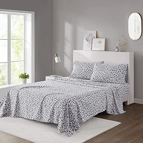 Intelligent Design Printed Microfiber Sheet Set, Soft Modern Bedroom Decor, Elastic Deep Pocket, All Season, Lightweight, Breathable, Cozy Bedding, Matching Pillowcase, King Black Floral 4 Piece Intelligent Design