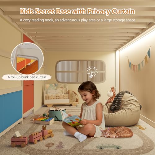 DICTAC Low Loft Bed with Desk and 6 Storage Drawers Twin Loft Bed with Bookshelf,LED Lights & Under-Bed Play Space,Kids Twin Beds with 13.8''H Safety Guardrail,Inclined Ladder & Play Curtain,Colorful DICTAC