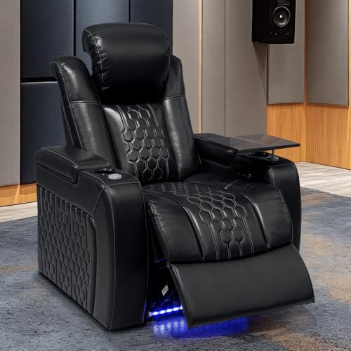 NMXUXMN Home Theater Seating,Top-Grain Leather Recliner Sofa, Zero Gravity Power Reclining Couch with Ambient LED Lights, Cup Holders & USB, Tray Table-Single Black