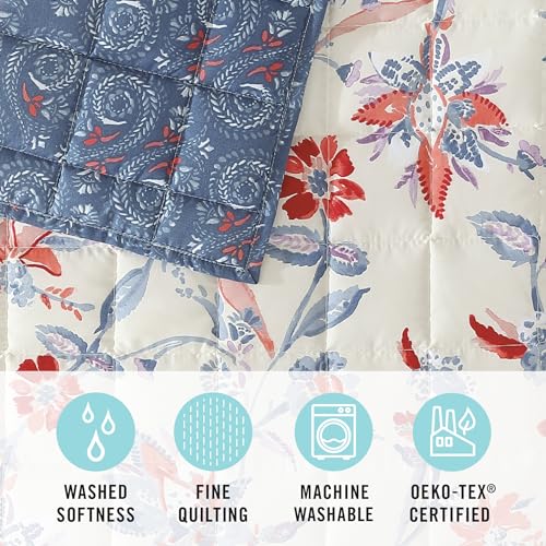 Martha Stewart King Size Quilt Bedding Set - 3 Piece, Soft Washed Microfiber, Printed Bedspread, Reversible, All Season, 1 Quilt, 2 King Pillow Shams, Blue, White & Red, Painted Floral Print Martha Stewart
