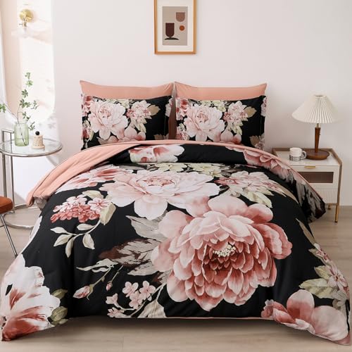 Floral Comforter Set King Size 7 Pieces Black Pink Floral Bed in a Bag, Complete Bedding Sets Elegant Flower Bed Set Comforter for All Season with Flat Sheet, Fitted Sheet, Pillowcases & Shams Dintszyayue