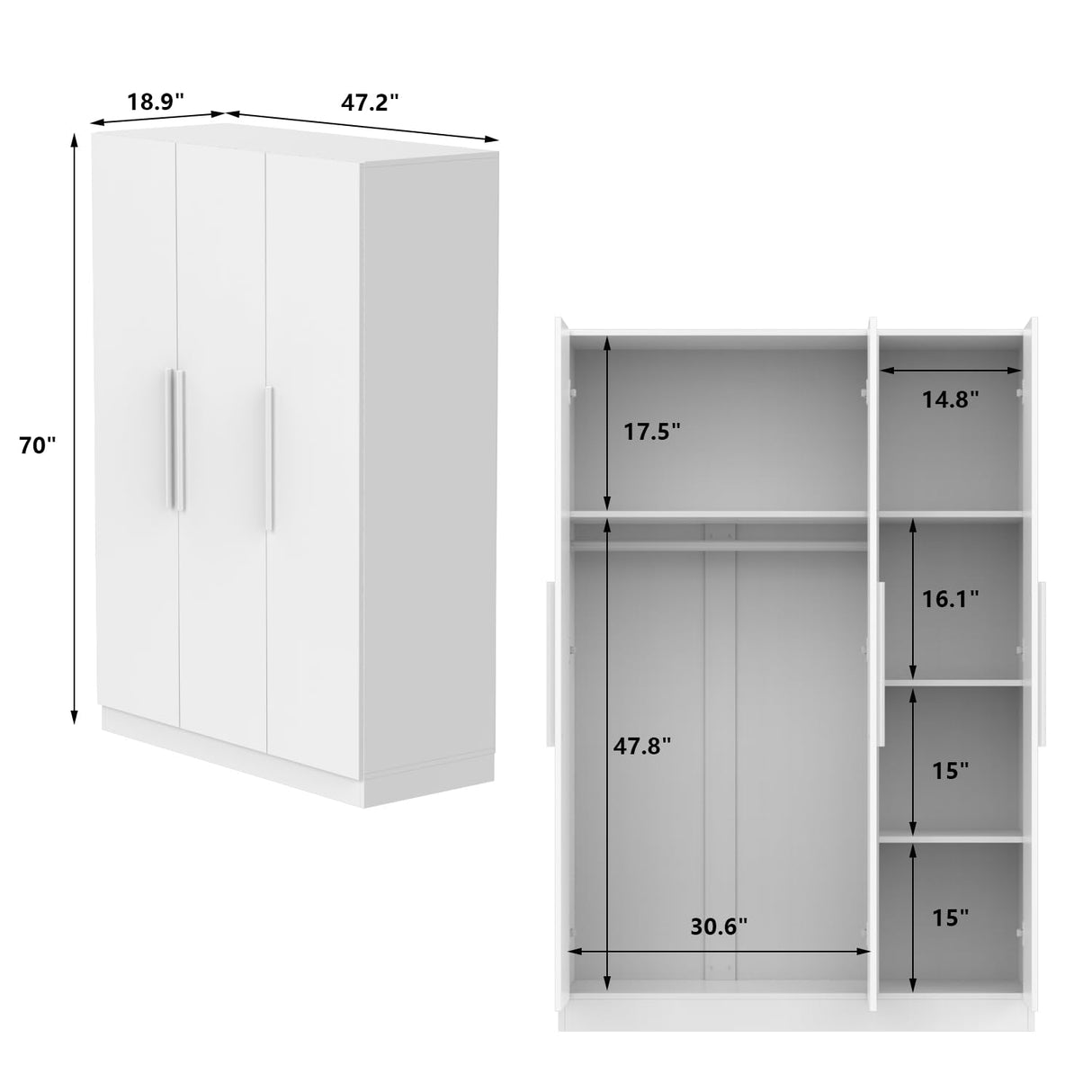 Hitow Large Wardrobe Armoire Closet with 3 Doors, Freestanding Wardrobe Cabinet for Hanging Clothes, Bedroom Armoire Dresser Wardrobe Clothes Organizer, 3-Door White (47.2" W x 18.9" D x 70" H) Hitow