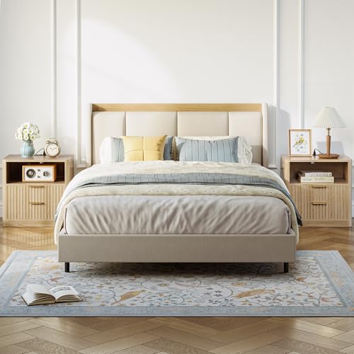 IRONCK Fluted Night Stand Set of 2, Modern Nightstand with Charging Station, Drawers and Open Shelves - Bedside Table Wood Side Table Set for Bedroom IRONCK