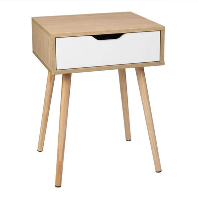 Bonnlo White & Nature Wood Nightstand End Side Table with Drawer & Solid Wood Legs for Living Room, Bedroom, Small End Side Table Bed Side Tables/Night Stands for Small Spaces, 18.2x15.7x24.4in