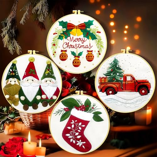 Zhenqing Christmas Embroidery Kit for Beginners - 4 Piece 29x29cm Round Hoop Art with Pre-Printed Cotton Fabric, Embroidery Hoop, Threads & Tools (Merry Christmas, Stocking, Truck, Gnomes)