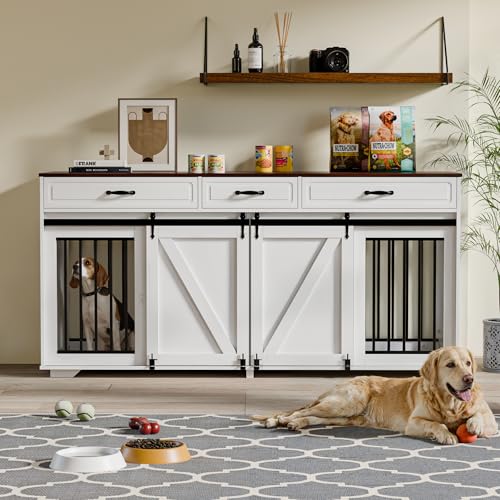 Zamildon's 71 in Dog Crate Furniture for 1 or 2 Dogs, Large Double Dog Cage with 3 Storage Drawers and Removable Divider, Dog Kennel Indoor As TV Stand with Sliding Barn Door Zamildon's