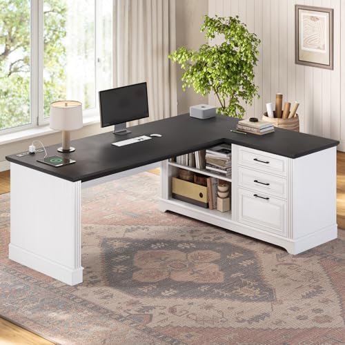 SEDETA Farmhouse 61" Executive L Shaped Desk, Home Office Desk with File Drawers, Computer Desk with Power Outlets and Storage Shelves for Home Office, White SEDETA