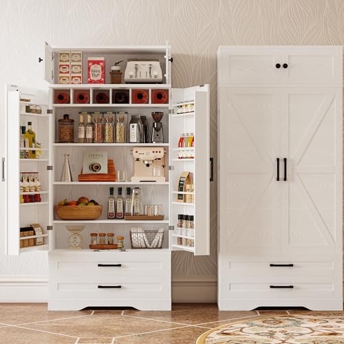IRONCK Kitchen Pantry 72" Height, with 8 Hanging Shelves, 2 Drawers and Open Storage Cabinet, Freestanding Cupboard for Dining Room Living Room,Industrial White IRONCK
