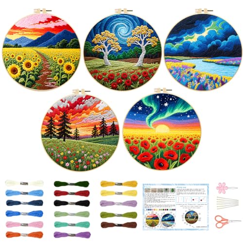ACRNIGHEET 5 Pack Embroidery Kit for Beginners Adults, Stamped Cross Stitch Kits, Hand Embroidery Starter Kit Including 5 Stamped Embroidery Cloth, Colorful Threads, Hoop, Instruction, Gift Idea
