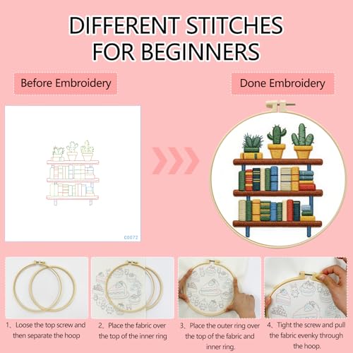 Zhenqing Bookshelf with Cactus Embroidery Kit for Beginners, Circular Design on Pre-Printed 29x29cm Cotton Fabric with 20cm Hoop, Book Lover & Plant Decor (C0072)