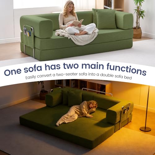 GEARIVY Folding Sofa Bed Convertable Corduroy Couch King Size Floor Sleeper 4-in-1 DIY Combination Modular Sofa Fold Out Futon Lounge Comfy Foldable Lazy cama for Living Room GEARIVY