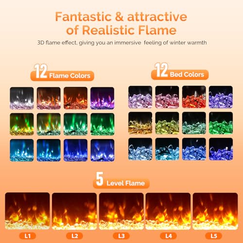 ROVSUN 36 Inch Electric Fireplace with Remote, 1500W Wall Mounted & Recessed Fireplace with Timer, 12 Flame Color, 5 Brightness, Crystal Set ROVSUN