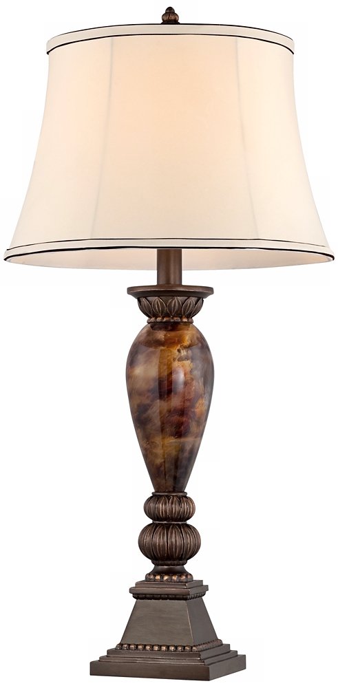 kathy ireland Mulholland Traditional Vintage Table Lamp 33" Tall Aged Bronze Golden Faux Marble Off White Bell Shade for Living Room Bedroom House Bedside Nightstand Home Office Entryway kathy ireland