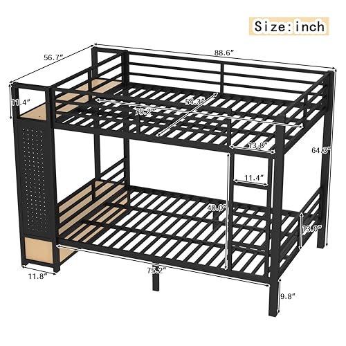 Bellemave Full Over Full Metal Bunk Bed with Storage Drawers and Shelves, Heavy Duty Bunk Beds with Pegboard and Coat Rack for Kids, Adults,Blackă Bellemave