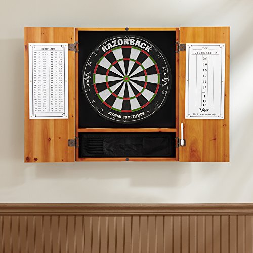 Viper Metropolitan Solid Wood Cabinet & Sisal/Bristle Dartboard Ready-to-Play Bundle: Premium Set (Razorback Dartboard and Darts), Oak Finish Viper by GLD Products