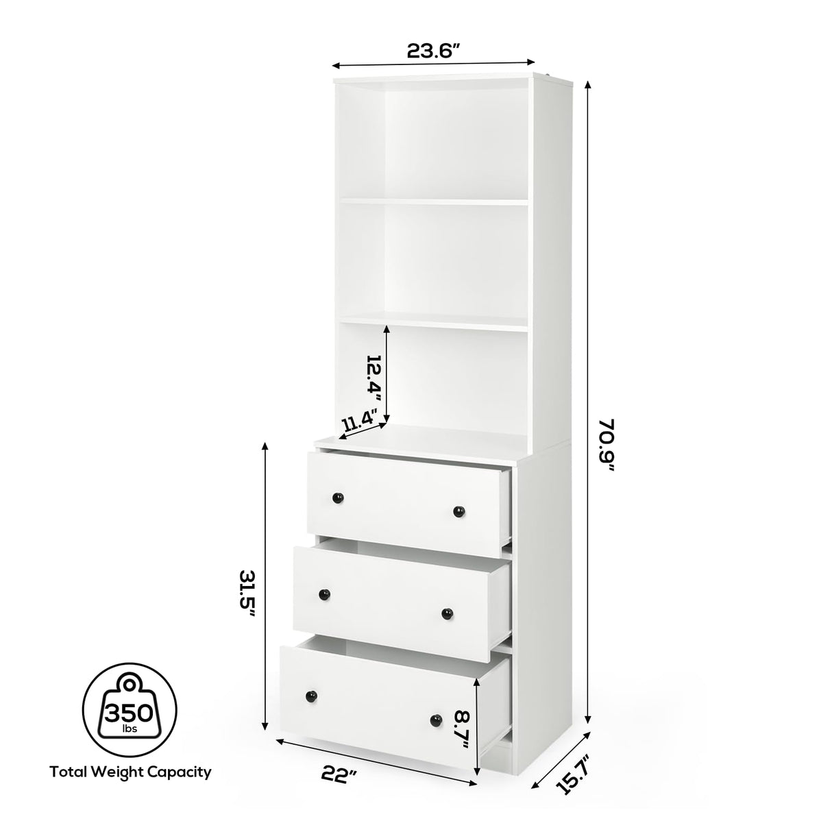 VOWNER Vertical File Cabinet, 3-Tier Modern Bookshelf with 3 Large Drawer, Wood Filing Cabinet with Open Storage Shelf, Glass Doors and Adjustable Shelves for Home Office, White (A) VOWNER